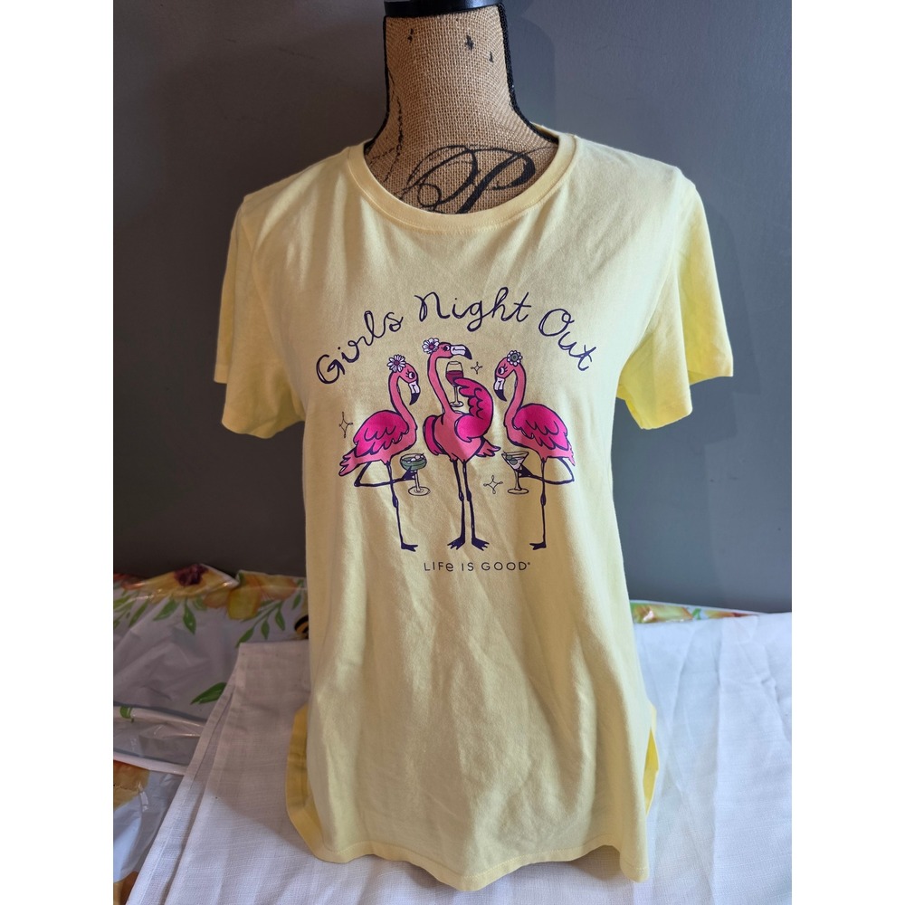 Life is Good Womens Yellow Flamingo Girls Night Out Graphic T-Shirt L